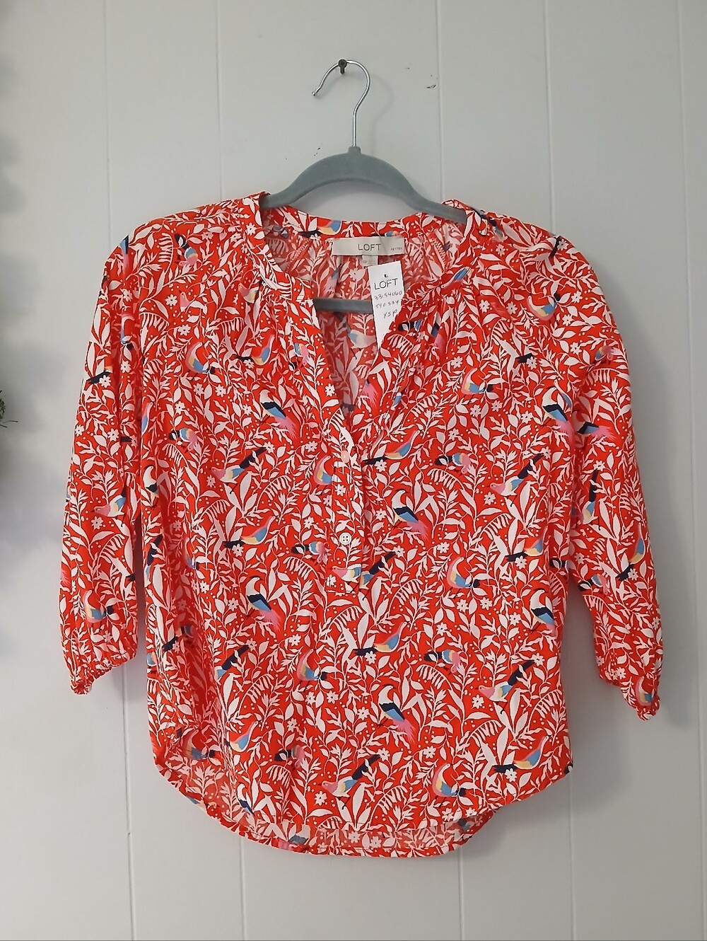 LOFT Coral-Red Floral V-Neck Button-Front Blouse